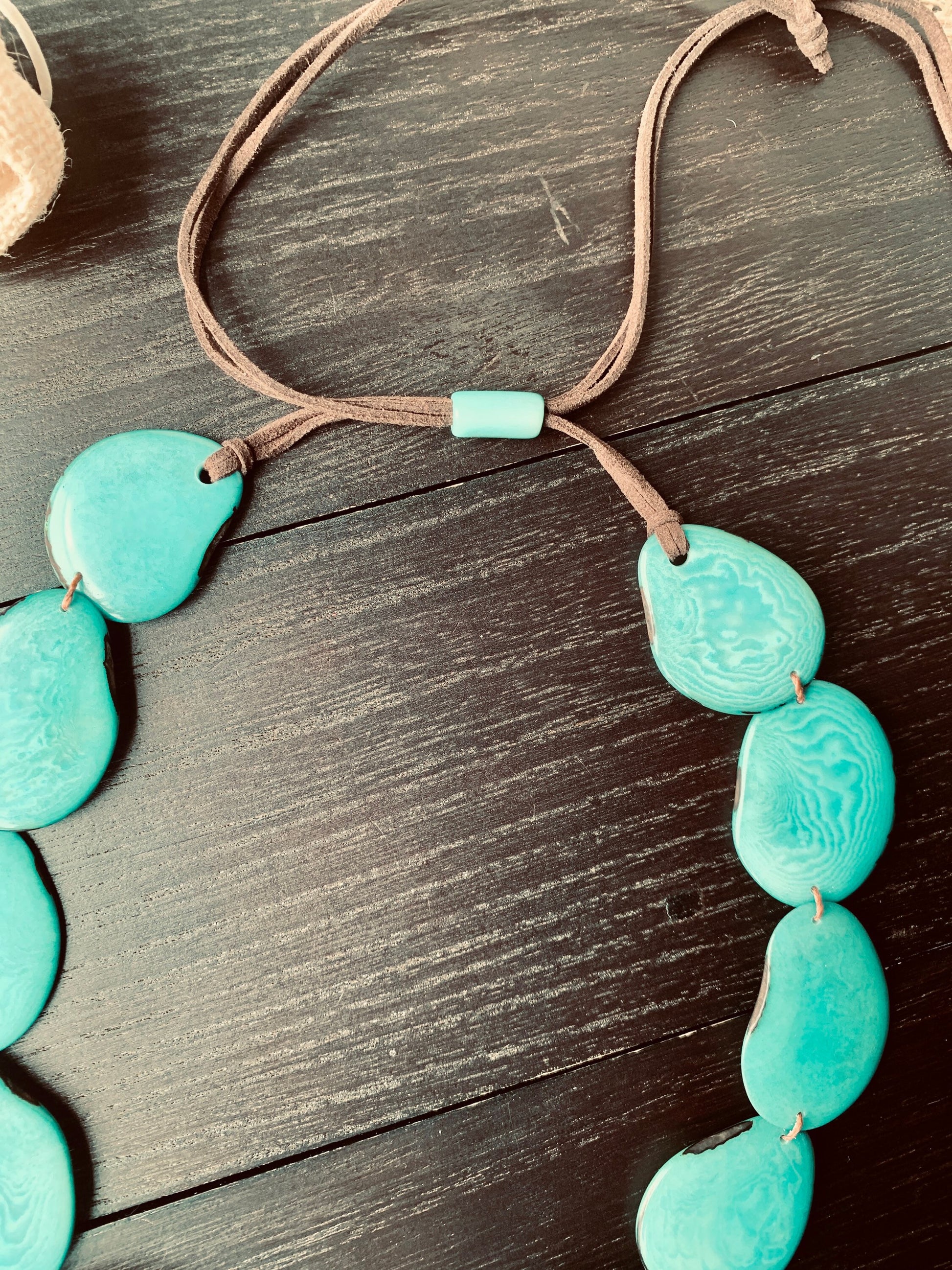 Turquoise green single strand statement necklace Tagua necklace Spring style One layer collar with adjustable leather strap Big oversized
