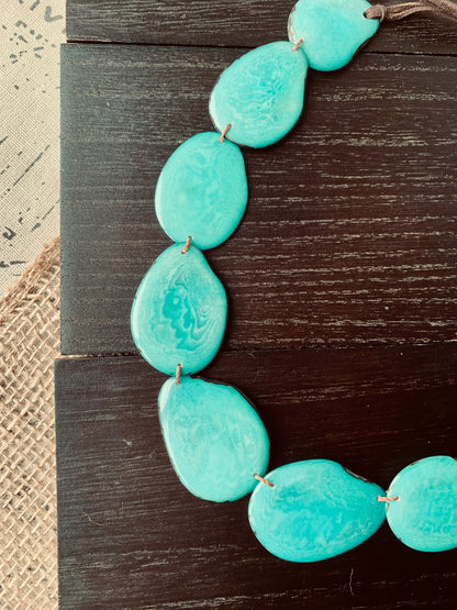 Turquoise Green Tagua Necklace: Adjustable Leather Cord, Fair Trade Artsy Jewelry, Simple Necklace