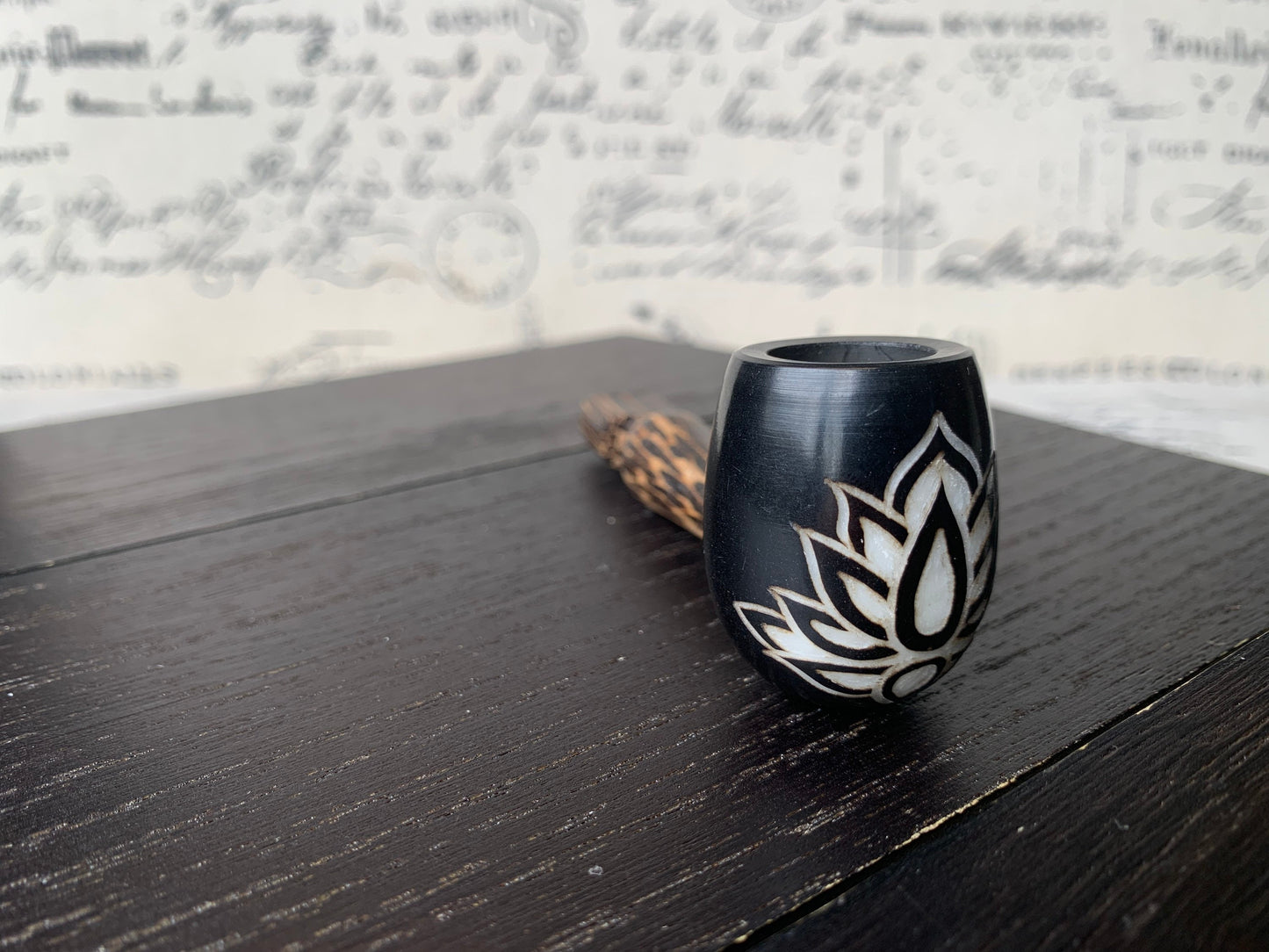 Lotus flower smoking pipe Handcrafted smoking bowl Tagua nut and wood Unique tribal hand pipe Shamanic healing tools Carved mini pipe