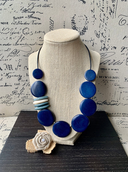 Blue statement necklace Tagua necklace Statement handmade necklace Stylish jewelry Mothers day gifts Elegant beaded necklace Sustainable