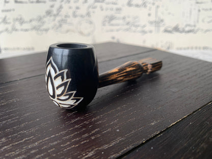 Lotus flower smoking pipe Handcrafted smoking bowl Tagua nut and wood Unique tribal hand pipe Shamanic healing tools Carved mini pipe