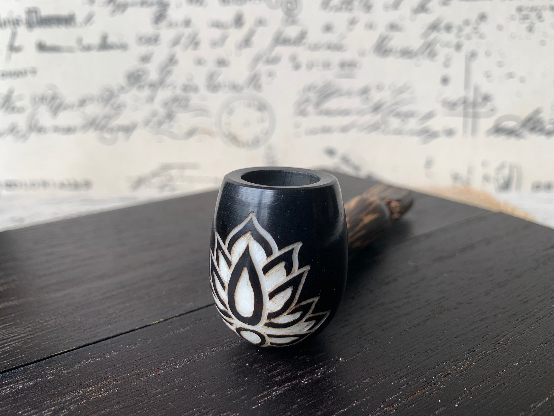 Lotus flower smoking pipe Handcrafted smoking bowl Tagua nut and wood Unique tribal hand pipe Shamanic healing tools Carved mini pipe