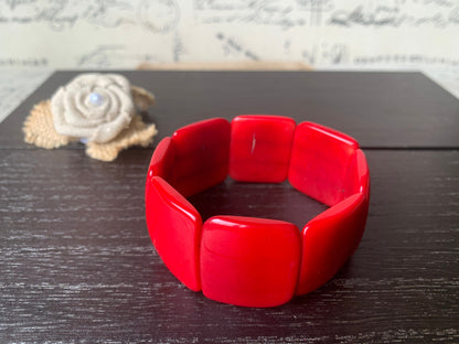 Red statement bracelet Tagua nut jewelry Big bold bangle Spring fashion Wide cuff bangle Beaded stretch bracelet Elastic bangle Organic