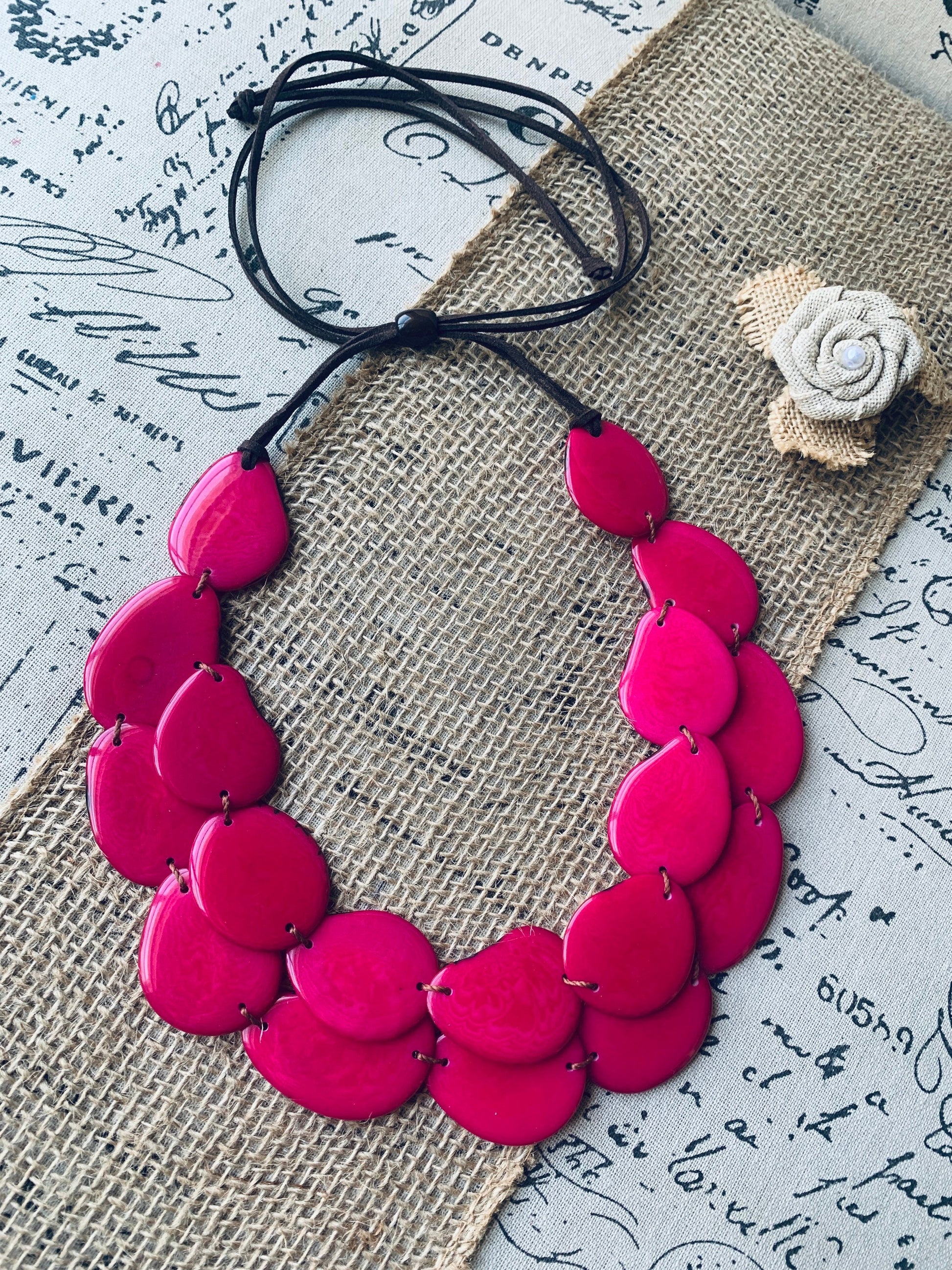 Hot pink statement necklace Tagua jewelry Huge layered necklace Big bold chunky necklace Adjustable cord Multi layer necklace Wearable art