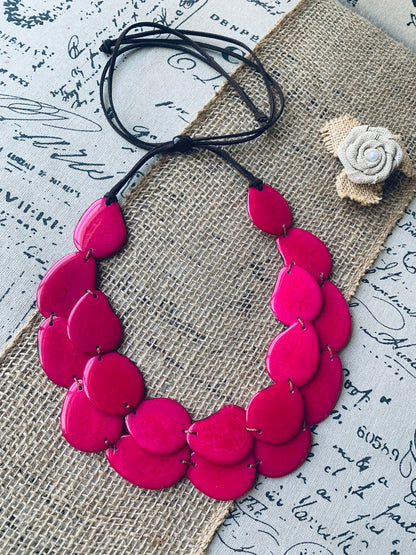 Hot pink statement necklace Tagua jewelry Huge layered necklace Big bold chunky necklace Adjustable cord Multi layer necklace Wearable art