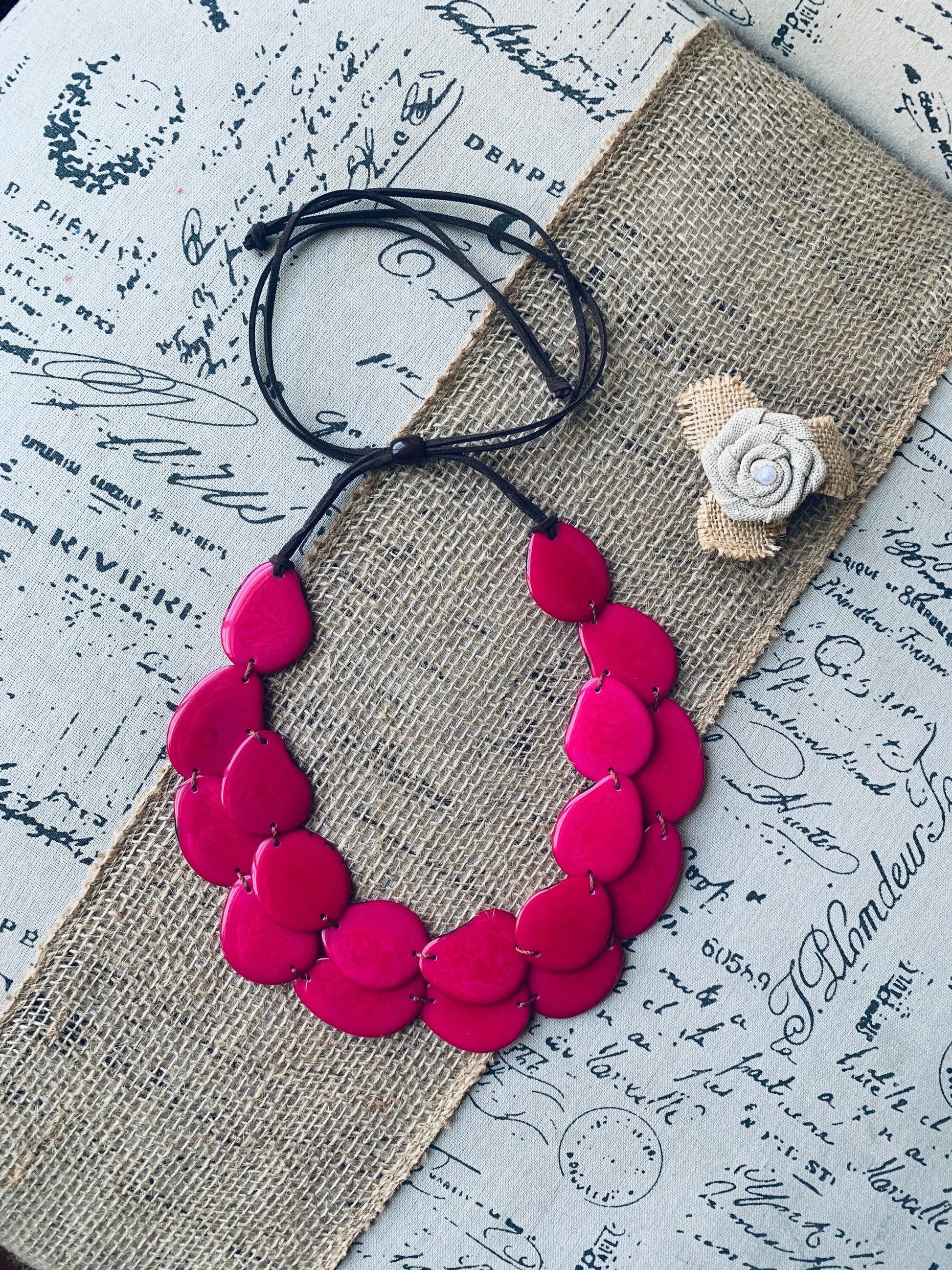 Hot pink statement necklace Tagua jewelry Huge layered necklace Big bold chunky necklace Adjustable cord Multi layer necklace Wearable art