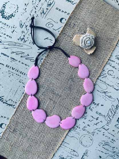 Pink handmade necklace Tagua jewelry Statement beaded necklace Adjustable cord Spring fashion Wearable art Mothers day gifts Simple necklace
