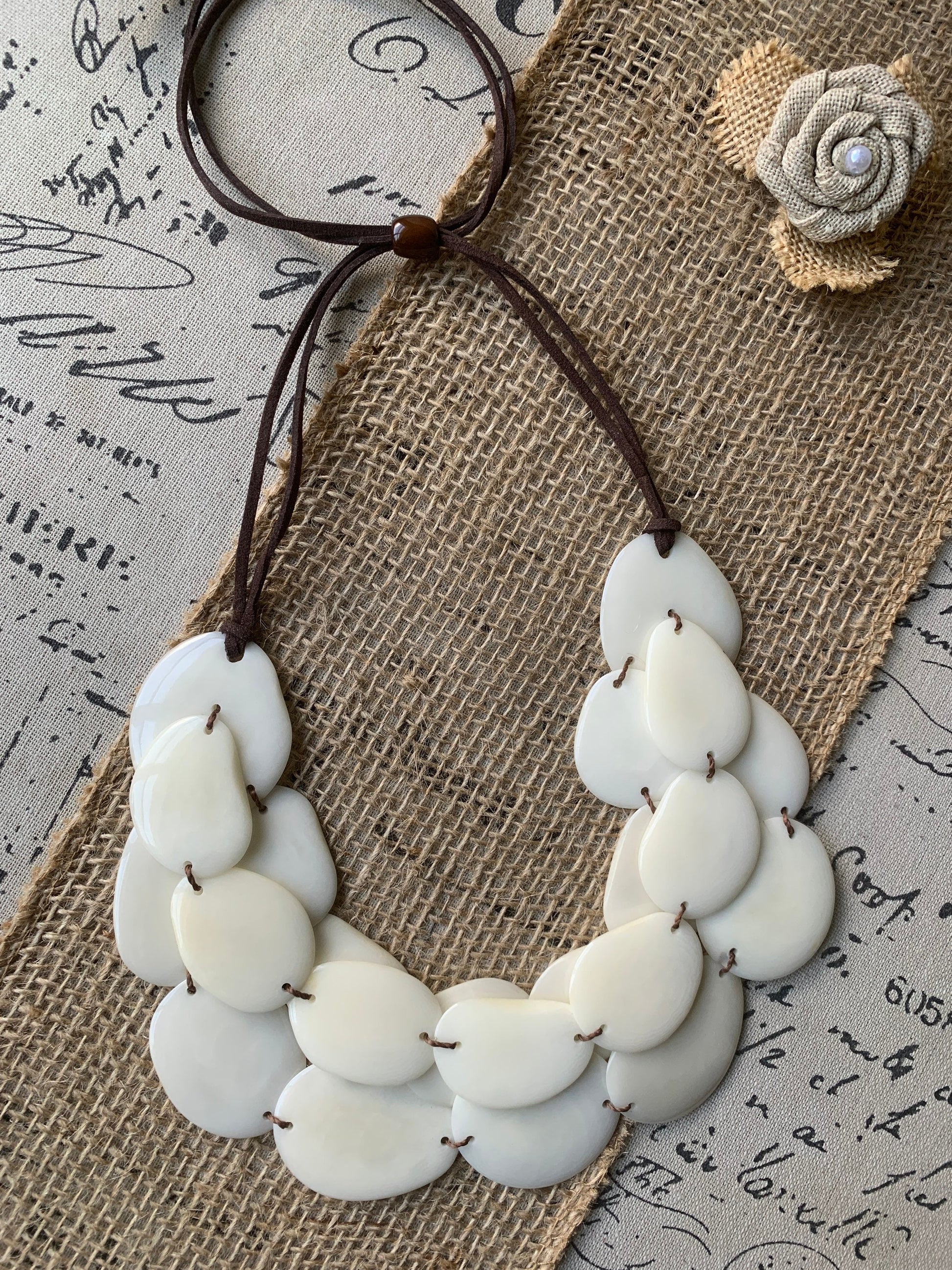 Ivory white layered statement tagua necklace 14 year Ivory anniversary gift for wife Beaded necklace with leather strap Big bold necklaces