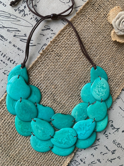 Turquoise statement necklace Tagua jewelry Big bold necklace Adjustable cord Wearable art Fall fashion 2025s Artsy gifts Artisan handmade