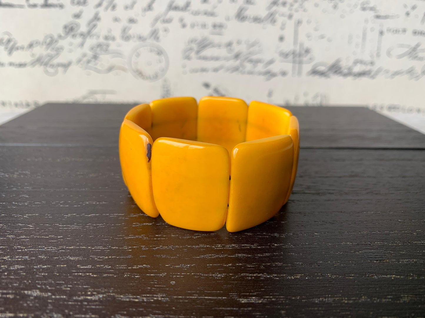 Yellow beaded bracelet Tagua nut Jewelry Fall fashion Big bold bracelet Wide cuff bangle Wearable art Elastic stretch bracelet Artsy gifts