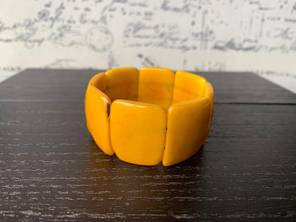 Yellow beaded bracelet Tagua nut Jewelry Fall fashion Big bold bracelet Wide cuff bangle Wearable art Elastic stretch bracelet Artsy gifts