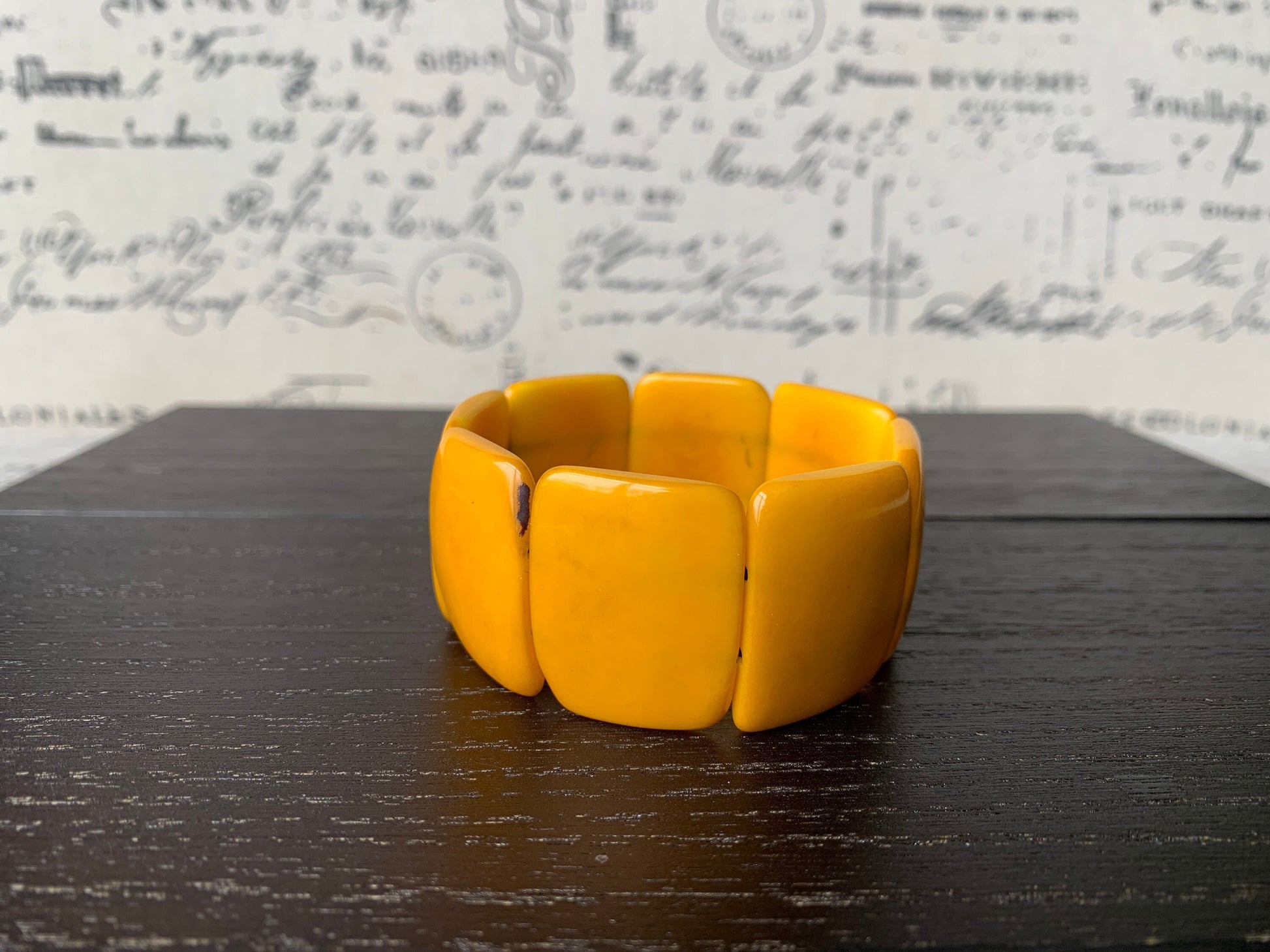 Yellow beaded bracelet Tagua nut Jewelry Fall fashion Big bold bracelet Wide cuff bangle Wearable art Elastic stretch bracelet Artsy gifts