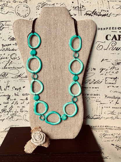 Turquoise statement necklace Tagua jewelry Wearable art Fall fashion 2025s Art to wear Beaded necklaces handmade Adjustable cord Lightweight