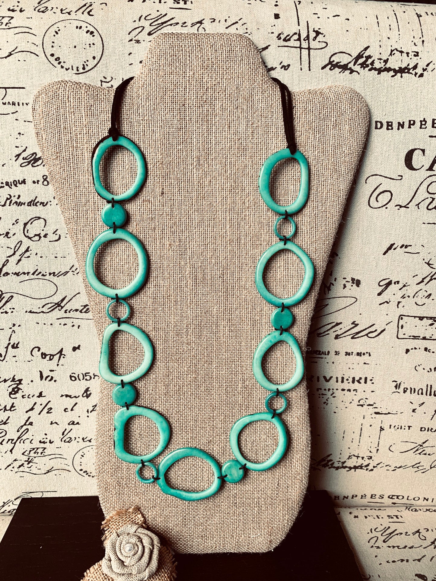Turquoise statement necklace Tagua jewelry Wearable art Fall fashion 2025s Art to wear Beaded necklaces handmade Adjustable cord Lightweight
