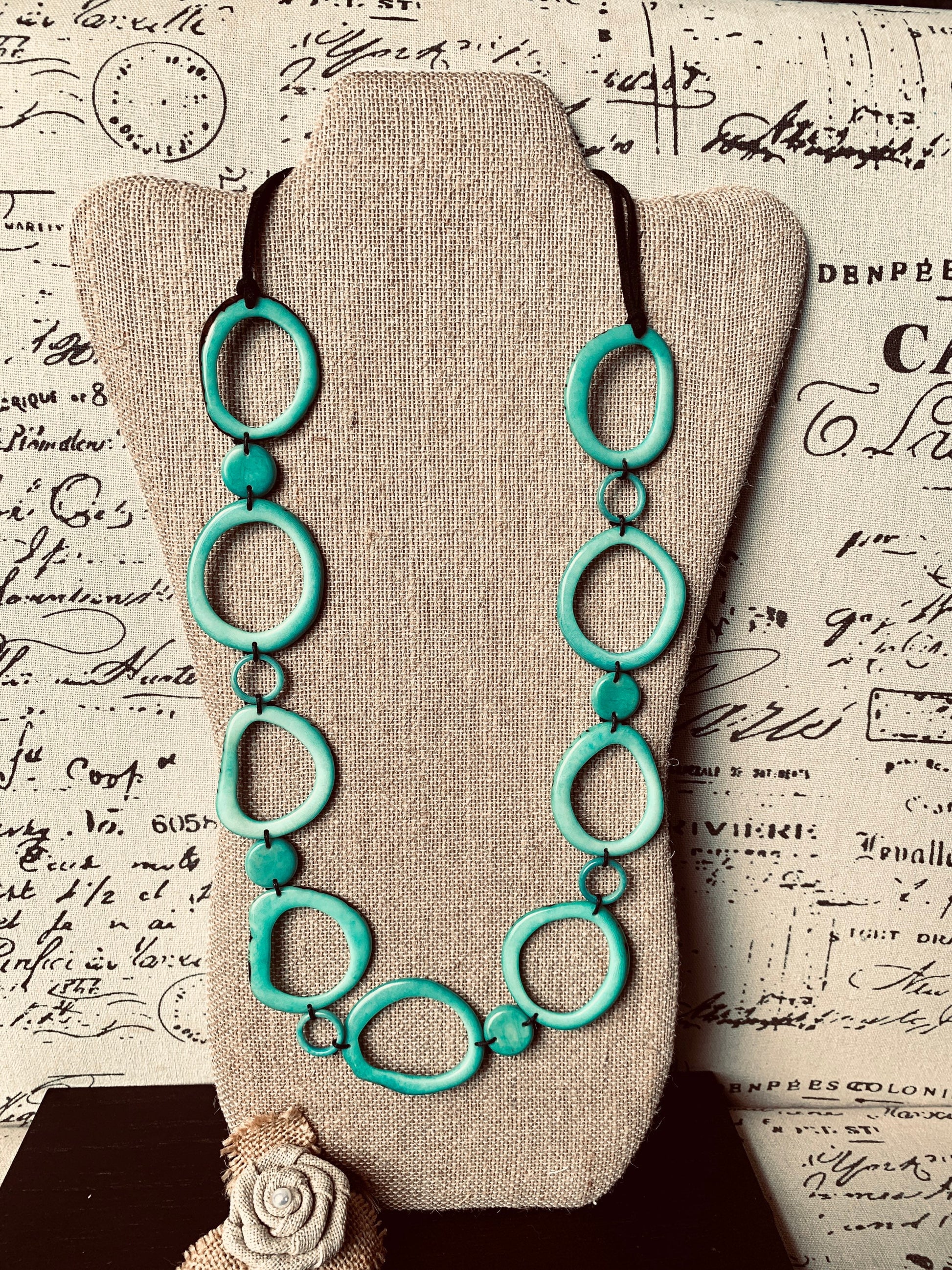Turquoise statement necklace Tagua jewelry Wearable art Fall fashion 2025s Art to wear Beaded necklaces handmade Adjustable cord Lightweight