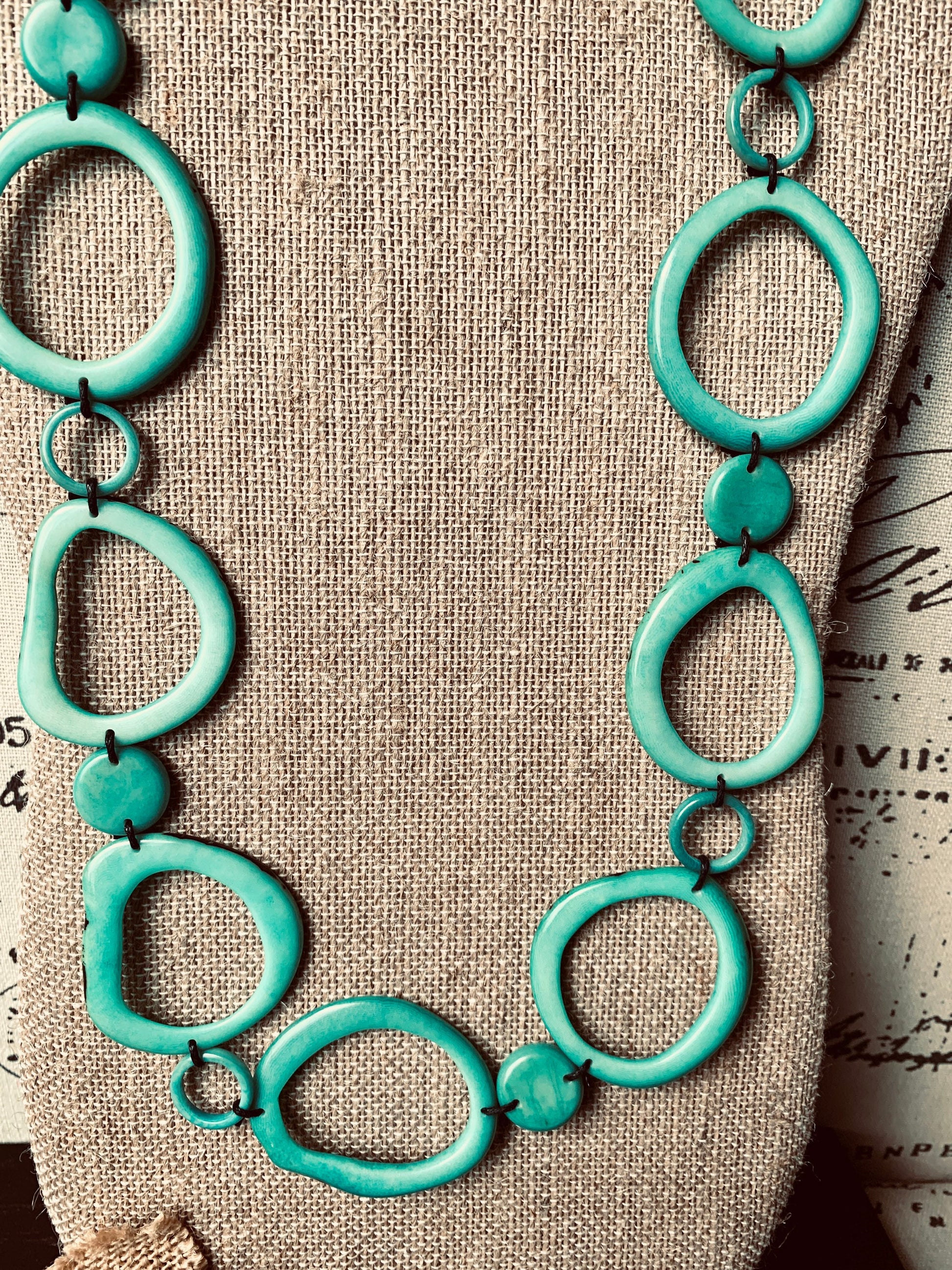 Turquoise statement necklace Tagua jewelry Wearable art Fall fashion 2025s Art to wear Beaded necklaces handmade Adjustable cord Lightweight