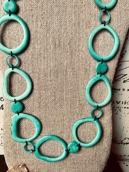 Turquoise statement necklace Tagua jewelry Wearable art Fall fashion 2025s Art to wear Beaded necklaces handmade Adjustable cord Lightweight