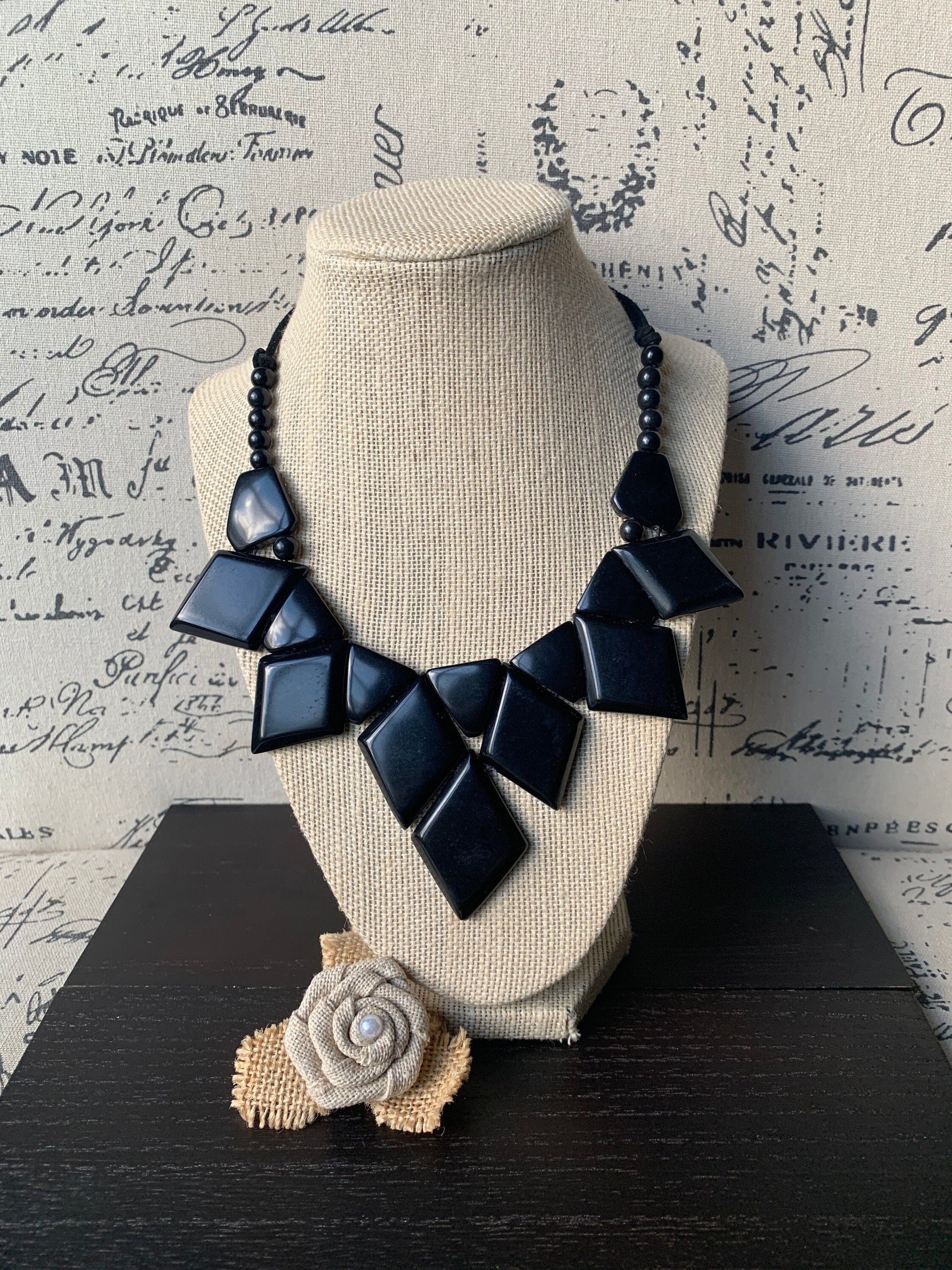 Black necklace.
Tagua necklace.
Statement necklace
Geometric necklace
Black beaded necklace