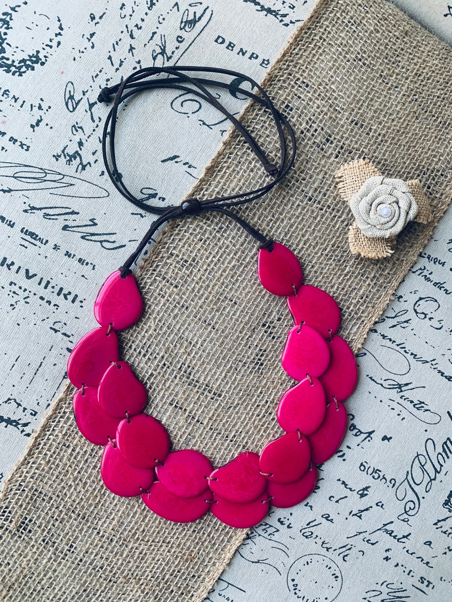 Hot pink statement necklace Tagua jewelry Huge layered necklace Big bold chunky necklace Adjustable cord Multi layer necklace Wearable art