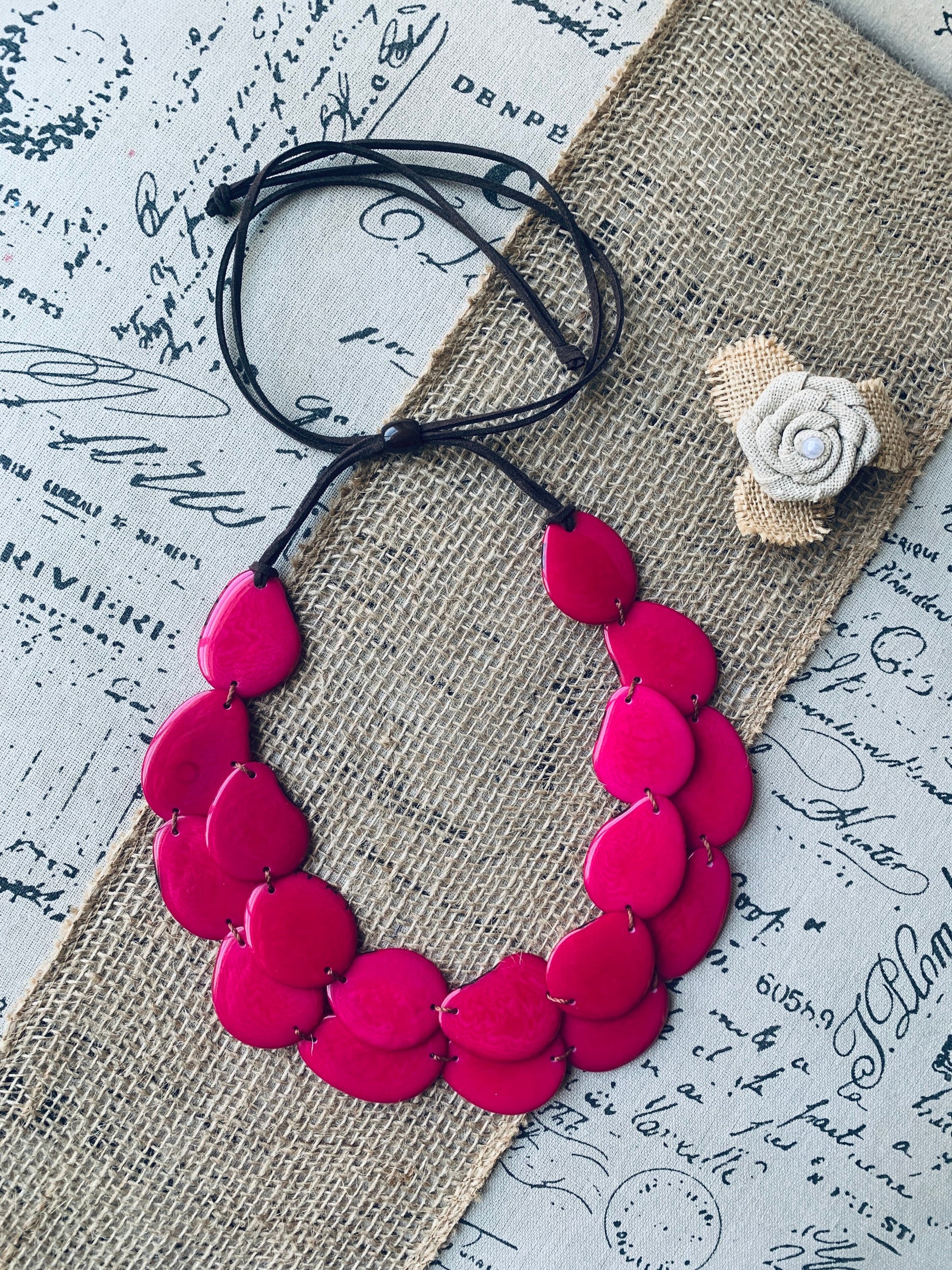 Hot pink statement necklace Tagua jewelry Huge layered necklace Big bold chunky necklace Adjustable cord Multi layer necklace Wearable art