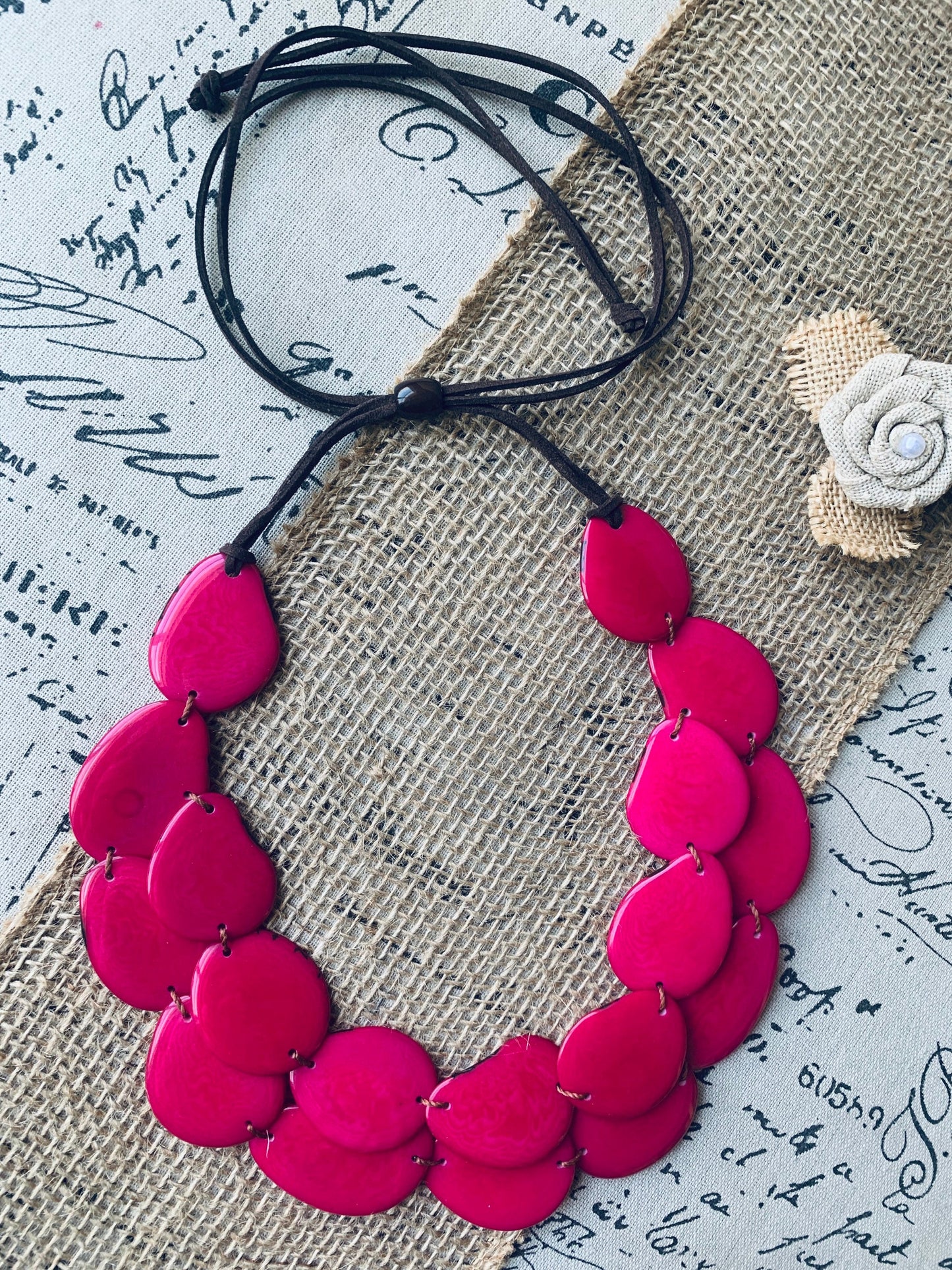 Hot pink statement necklace Tagua jewelry Huge layered necklace Big bold chunky necklace Adjustable cord Multi layer necklace Wearable art
