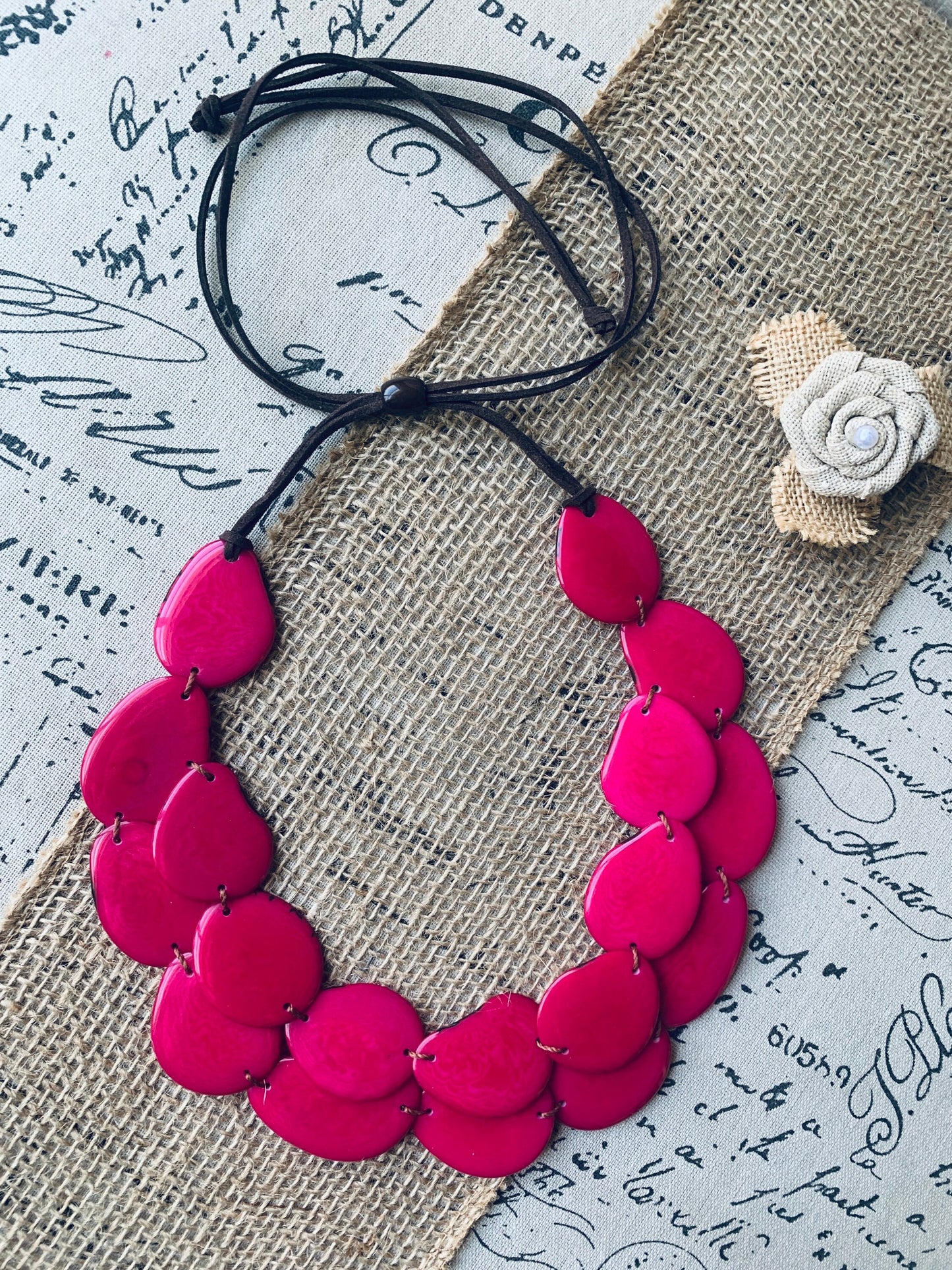 Hot pink statement necklace Tagua jewelry Huge layered necklace Big bold chunky necklace Adjustable cord Multi layer necklace Wearable art