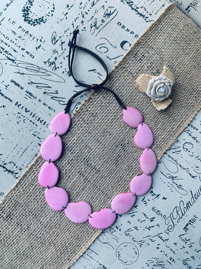 Pink handmade necklace Tagua jewelry Statement beaded necklace Adjustable cord Spring fashion Wearable art Mothers day gifts Simple necklace