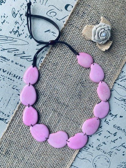 Pink handmade necklace Tagua jewelry Statement beaded necklace Adjustable cord Spring fashion Wearable art Mothers day gifts Simple necklace