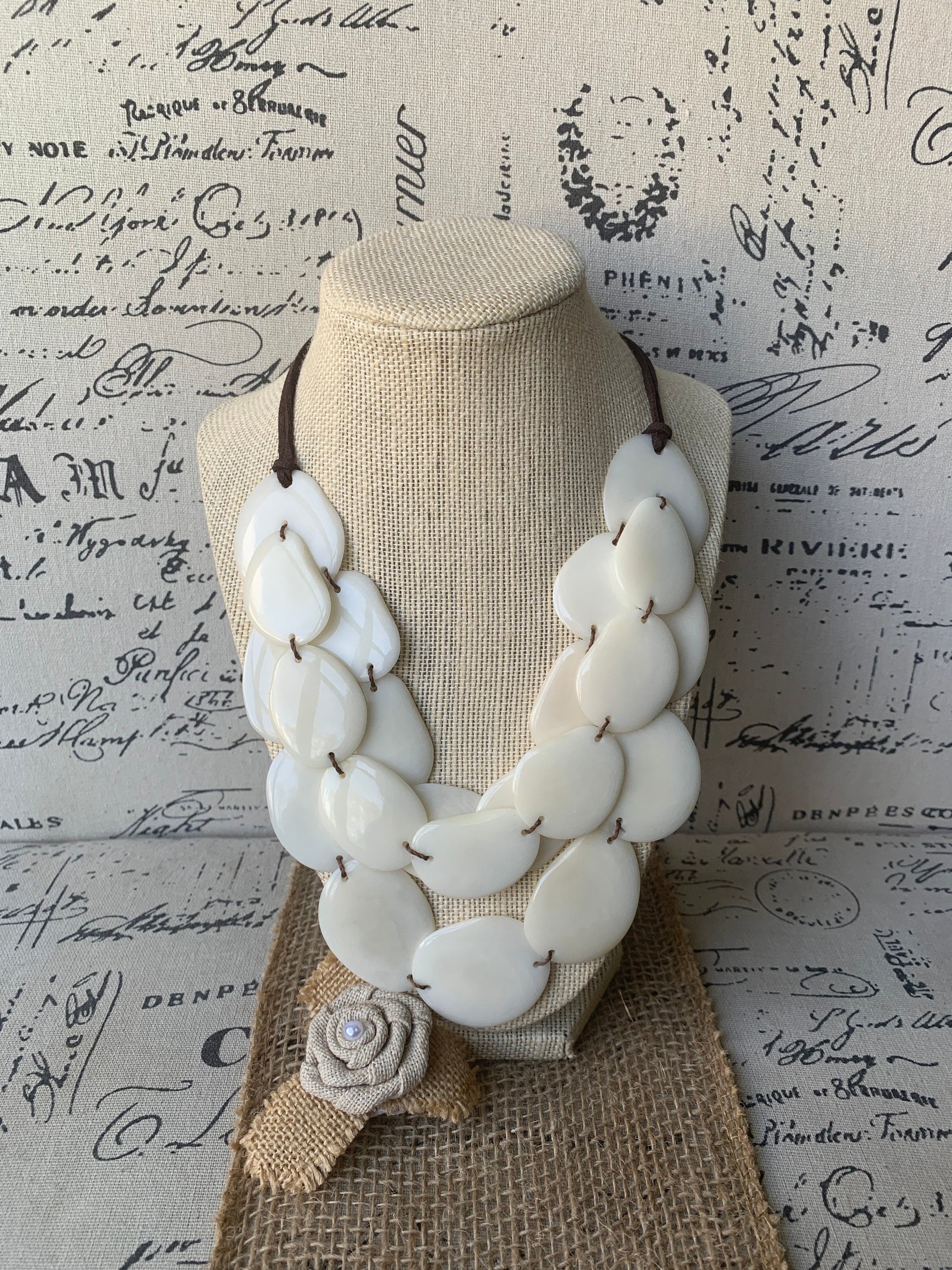 Ivory white layered statement tagua necklace 14 year Ivory anniversary gift for wife Beaded necklace with leather strap Big bold necklaces