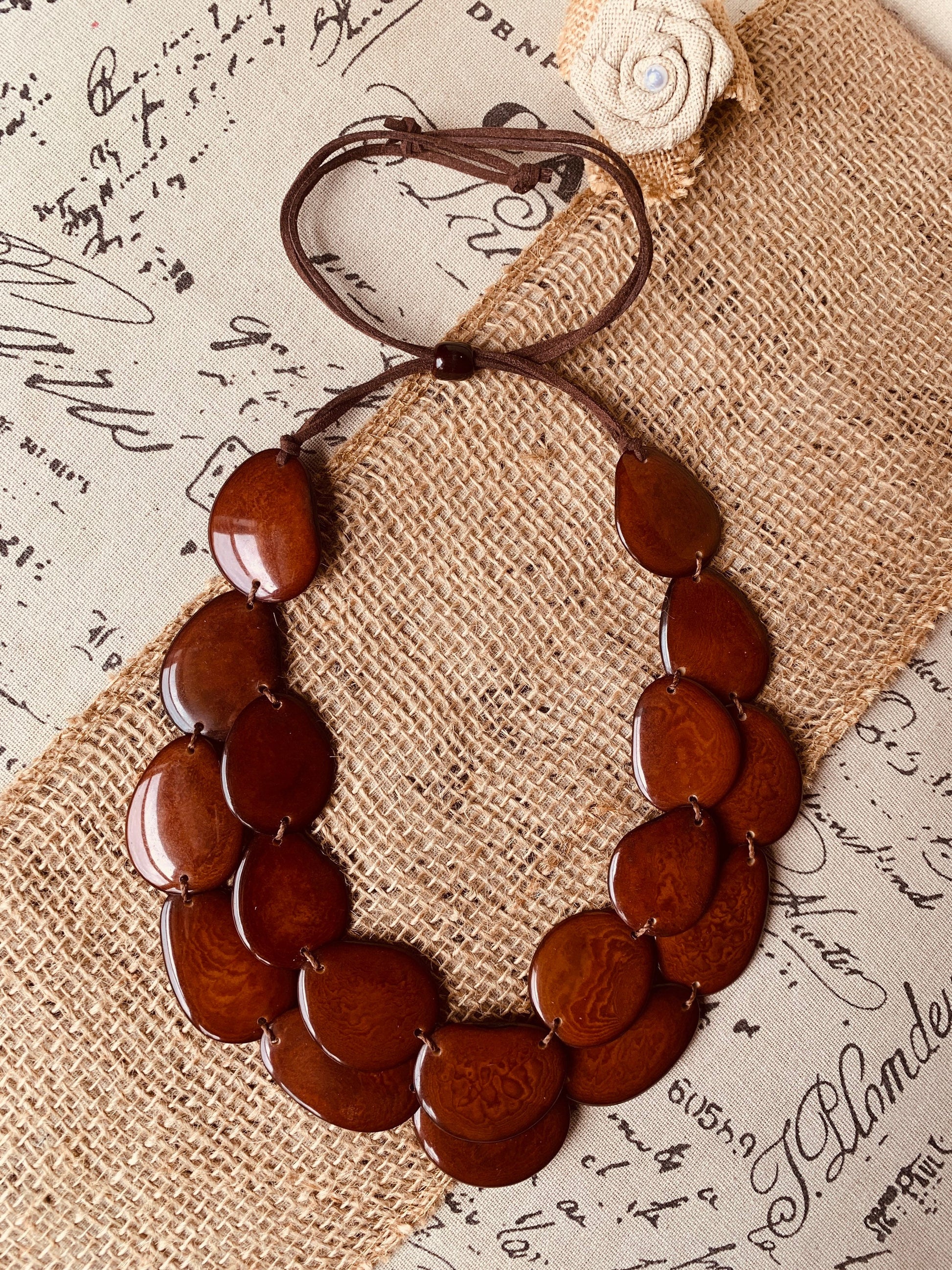 Brown statement necklace Tagua jewelry Big bold necklace Adjustable cord Handmade beaded jewelry Multi strand necklace Wearable art