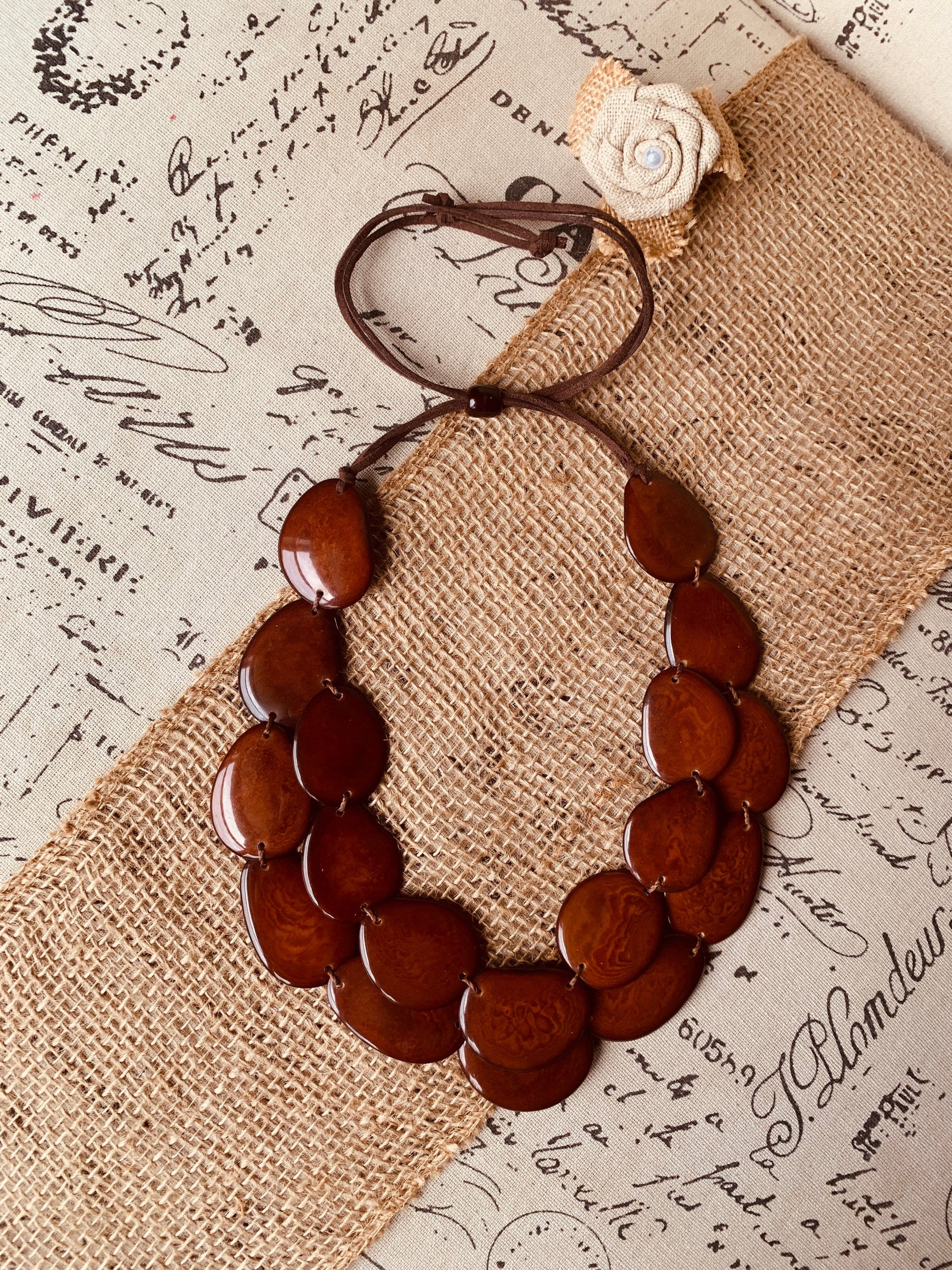 Brown statement necklace Tagua jewelry Big bold necklace Adjustable cord Handmade beaded jewelry Multi strand necklace Wearable art