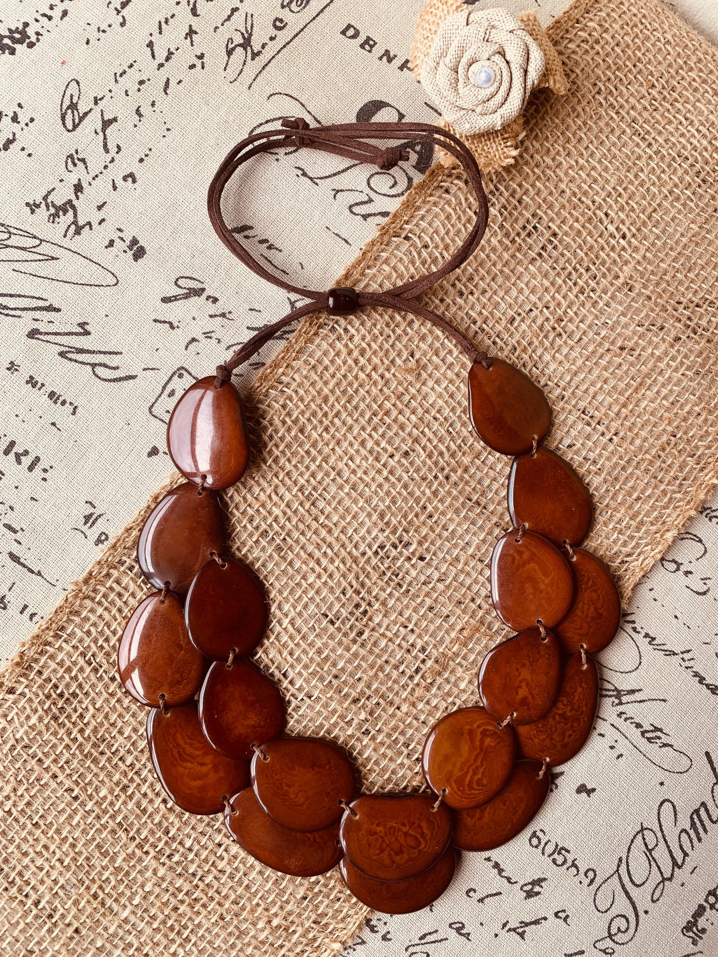 Brown statement necklace Tagua jewelry Big bold necklace Adjustable cord Handmade beaded jewelry Multi strand necklace Wearable art