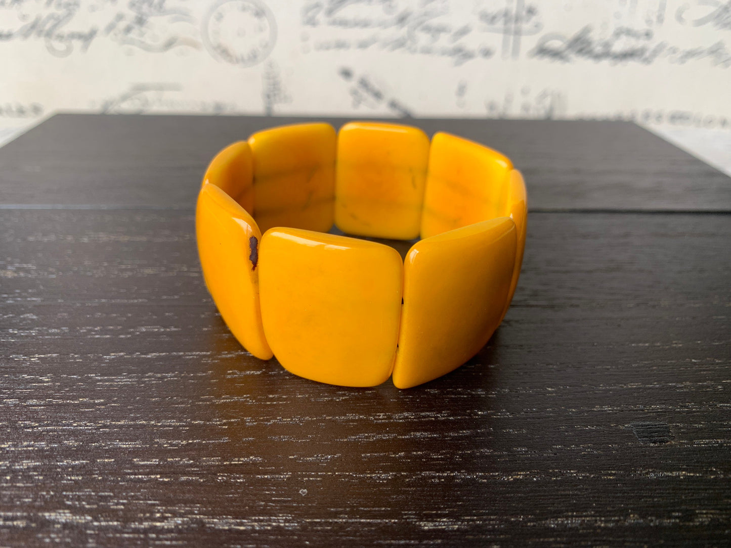 Yellow beaded bracelet Tagua nut Jewelry Fall fashion Big bold bracelet Wide cuff bangle Wearable art Elastic stretch bracelet Artsy gifts