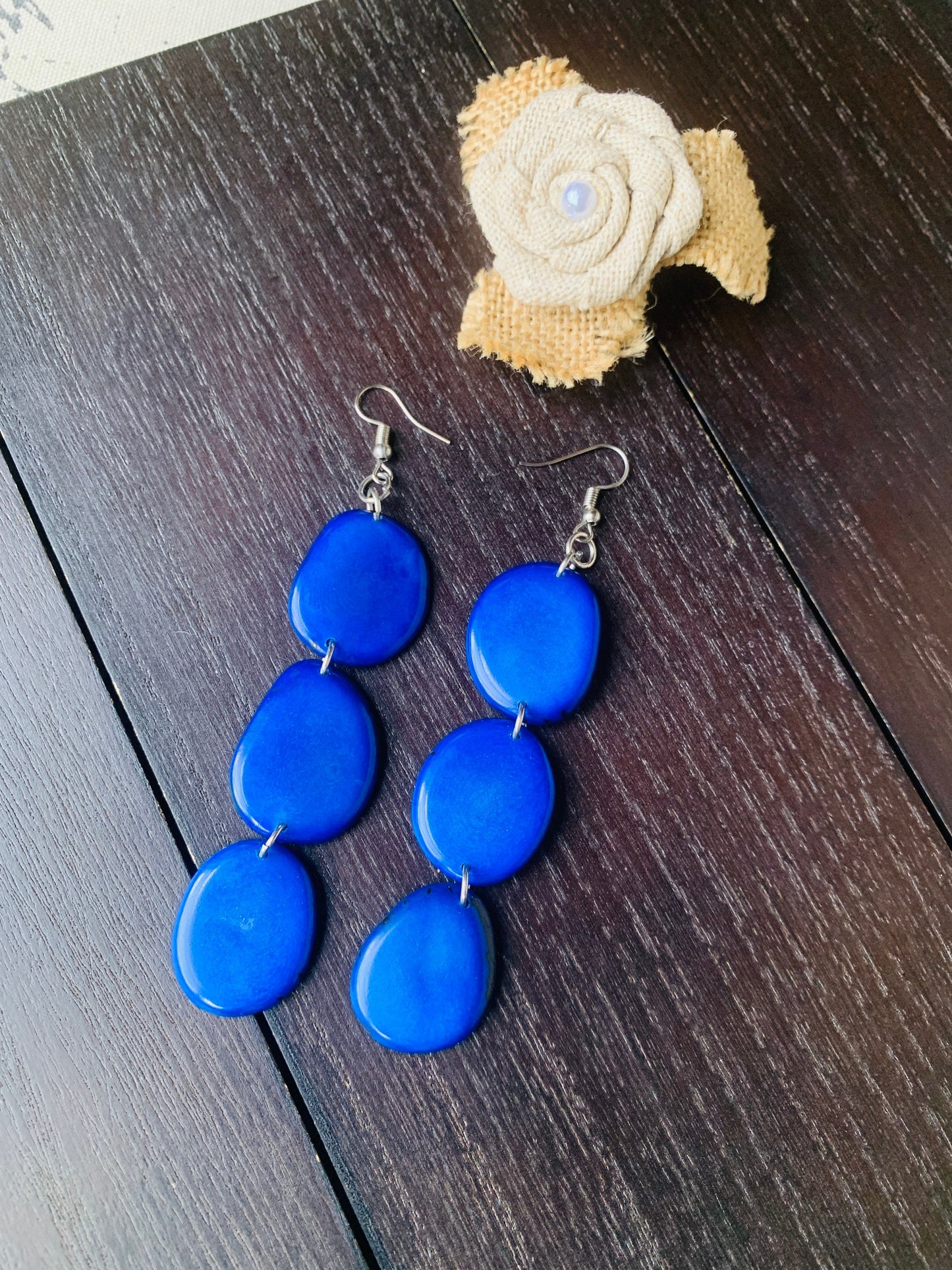 Royal blue earrings Tagua jewelry Fall fashion Dangly earrings Wearable art Statement earrings Hypoallergenic Waterfall earrings
