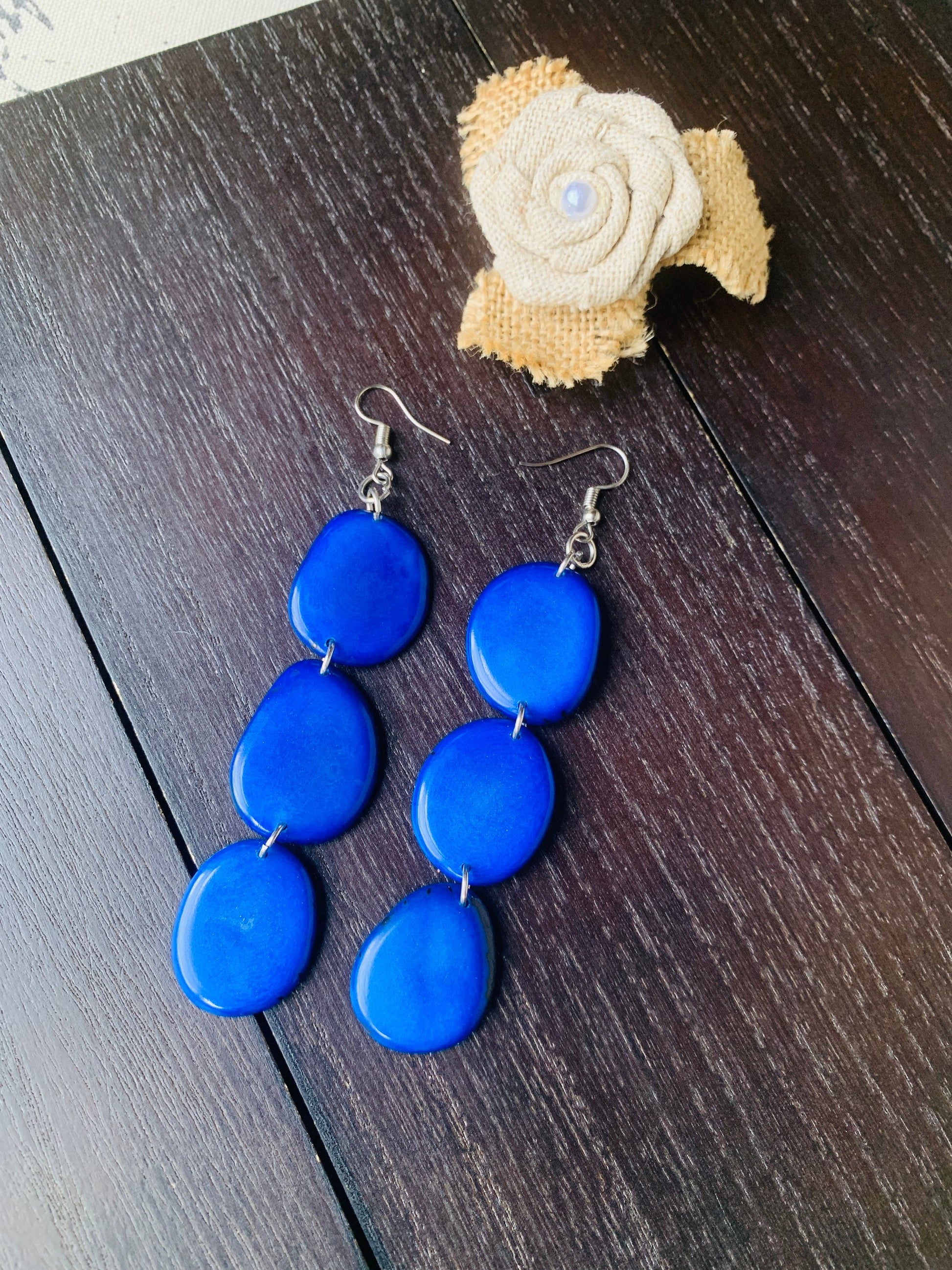 Royal blue earrings Tagua jewelry Fall fashion Dangly earrings Wearable art Statement earrings Hypoallergenic Waterfall earrings