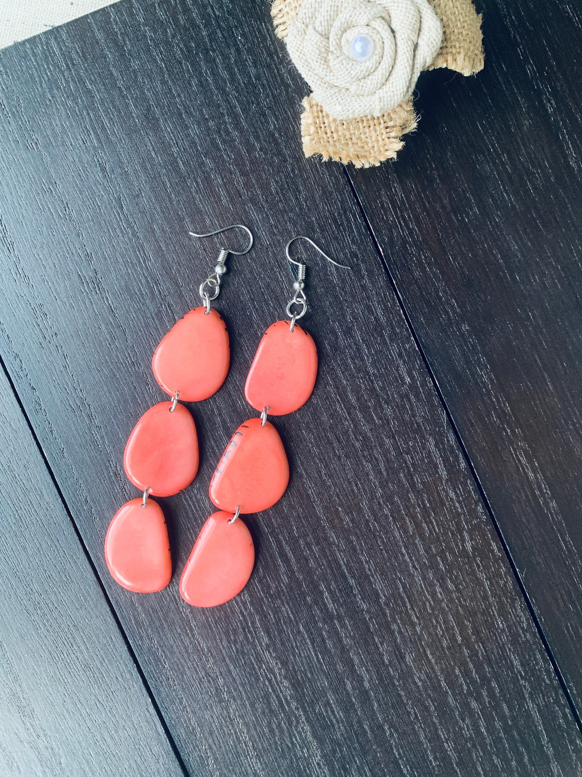 Peach color earrings Tagua jewelry Fall fashion 2025 Waterfall earrings Easter basket Fall fashion 2025s Sustainable fashion Wearable art