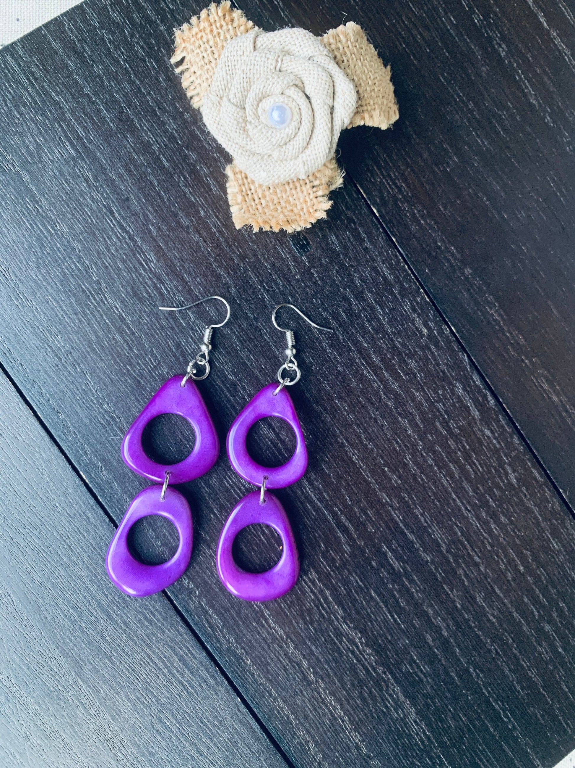 Purple dangle earrings Tagua jewelry Statement drops Boho mod hoops Wearable art Handmade beaded earrings Cute earrings Mothers day gift