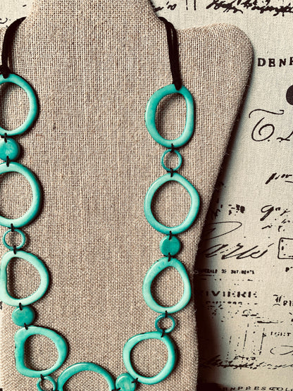 Turquoise statement necklace Tagua jewelry Wearable art Fall fashion 2025s Art to wear Beaded necklaces handmade Adjustable cord Lightweight