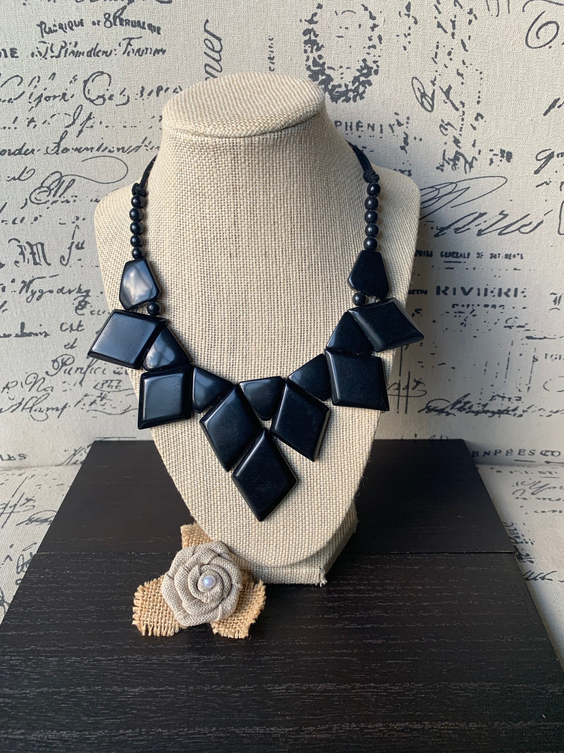 Black statement necklace Tagua jewelry Geometric necklace chunky Lightweight necklace Adjustable cord Beaded necklaces Wearable art