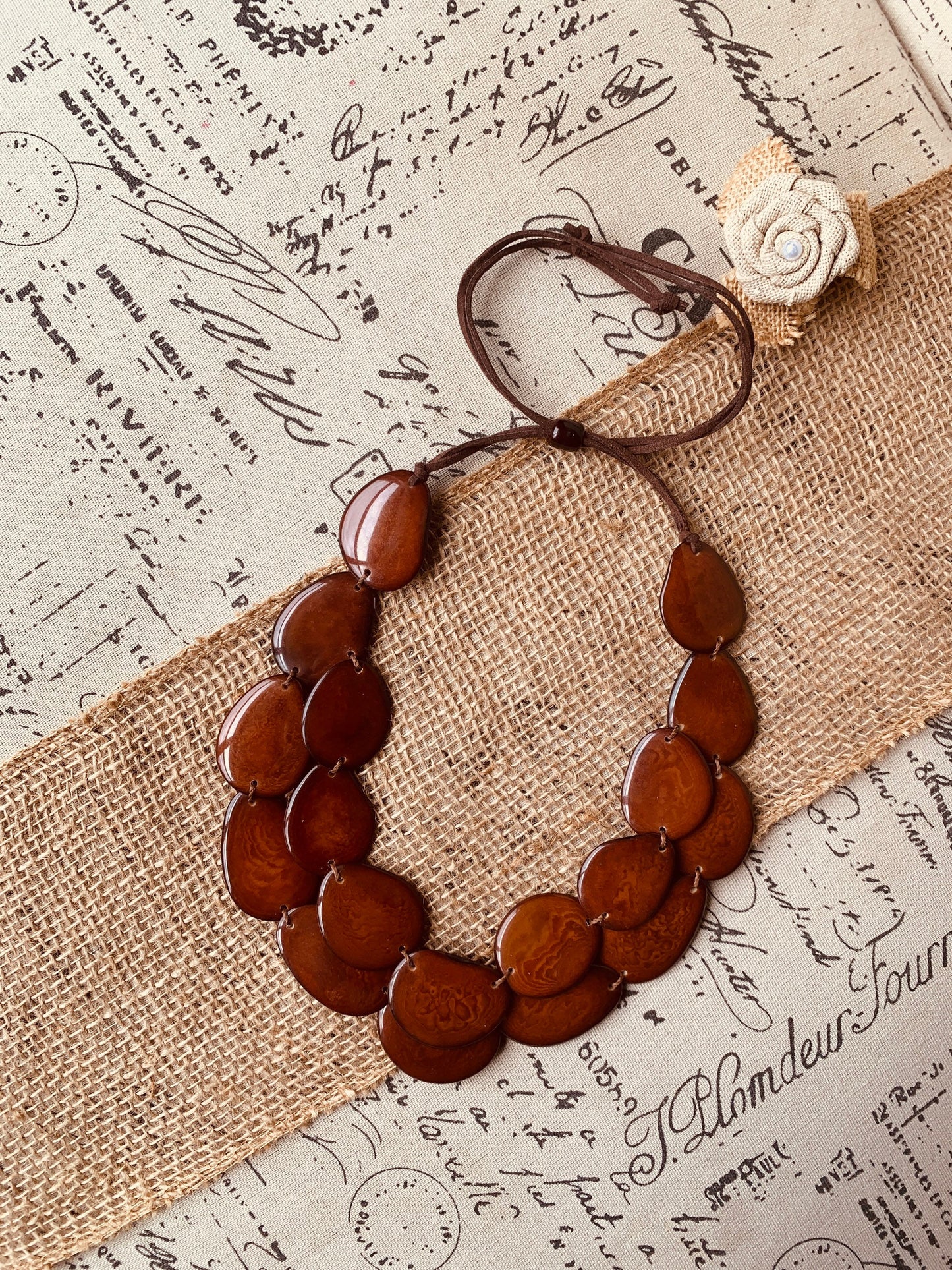 Brown statement necklace Tagua jewelry Big bold necklace Adjustable cord Handmade beaded jewelry Multi strand necklace Wearable art