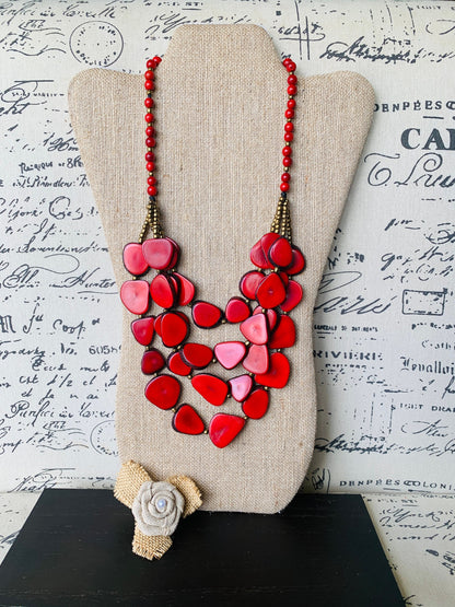 Red statement necklace Tagua jewelry Big bold necklaces Mothers Day gifts Fashion jewelry for women Wearable art jewelry Handmade beaded