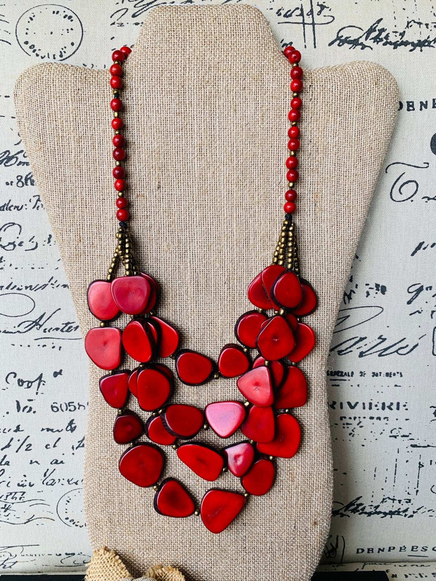 Red statement necklace Tagua jewelry Big bold necklaces Mothers Day gifts Fashion jewelry for women Wearable art jewelry Handmade beaded