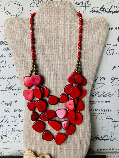 Red statement necklace Tagua jewelry Big bold necklaces Mothers Day gifts Fashion jewelry for women Wearable art jewelry Handmade beaded