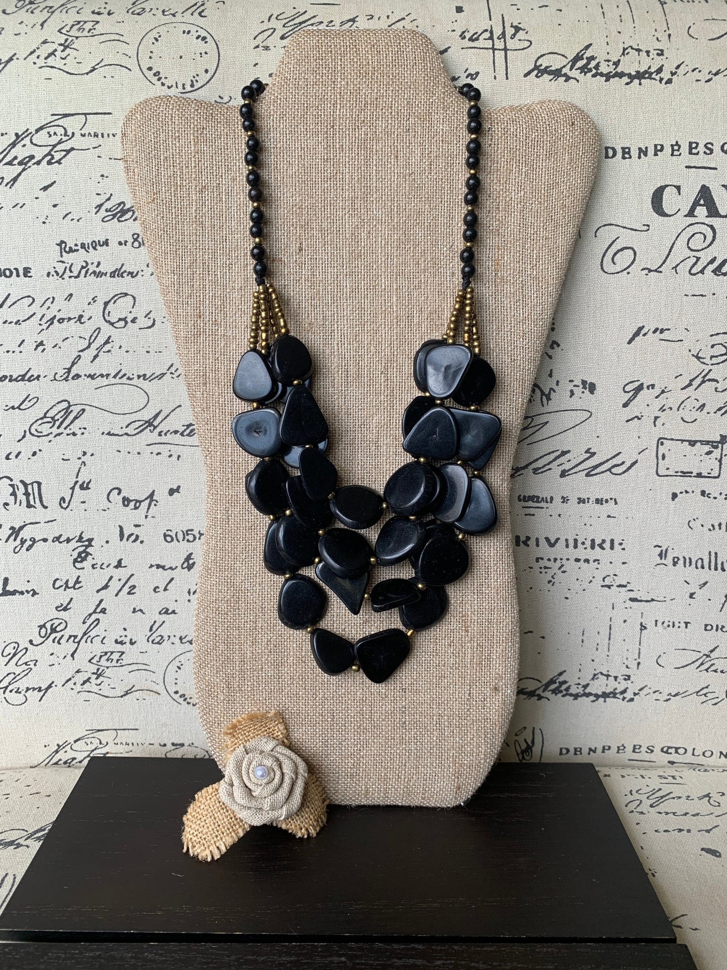 Black fashion 4 layer necklace Big bold chunky necklace Tagua statement necklace Multi layer beaded bib Fall fashion 2025 Wearable Art