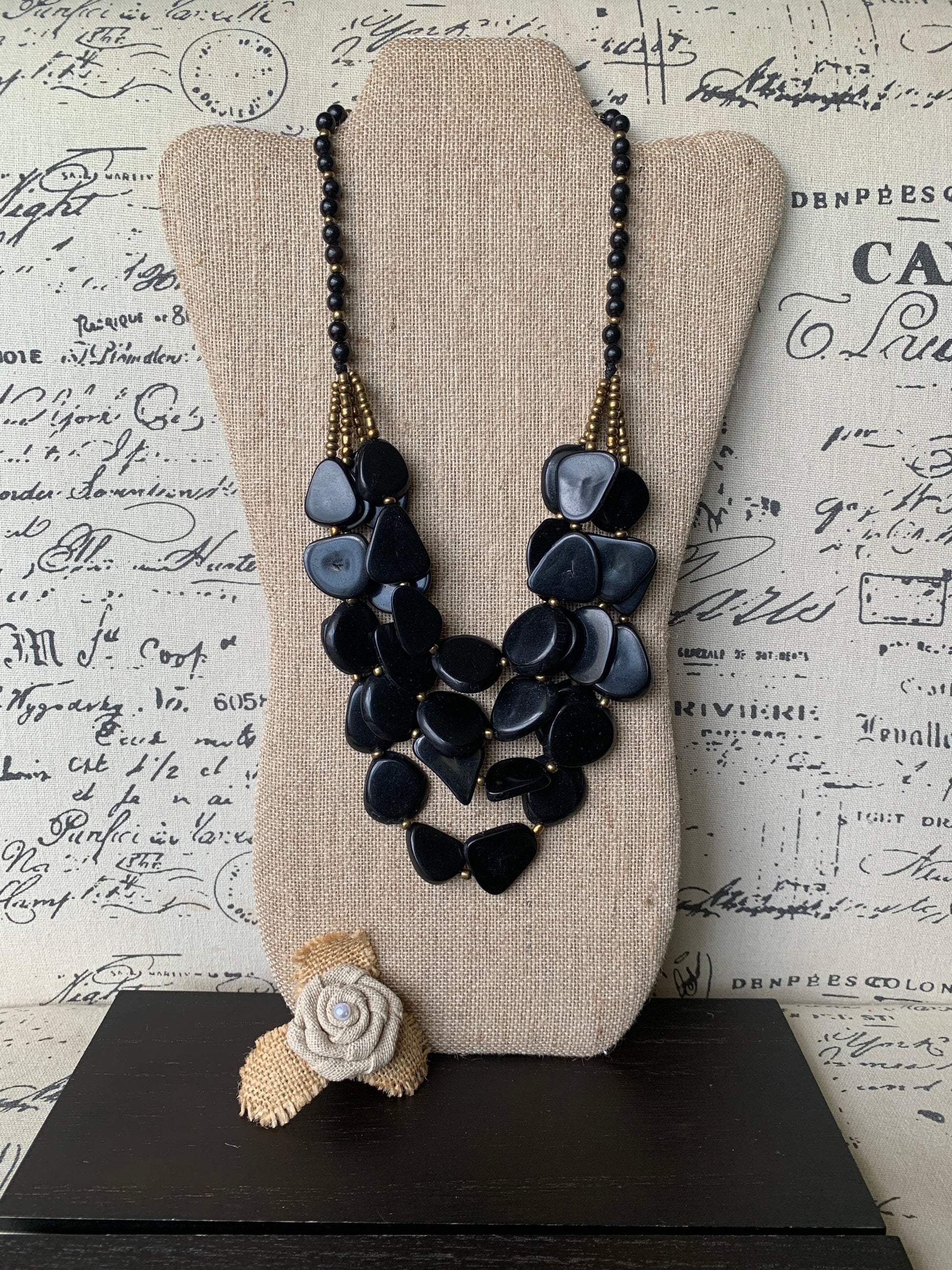 Black fashion 4 layer necklace Big bold chunky necklace Tagua statement necklace Multi layer beaded bib Fall fashion 2025 Wearable Art