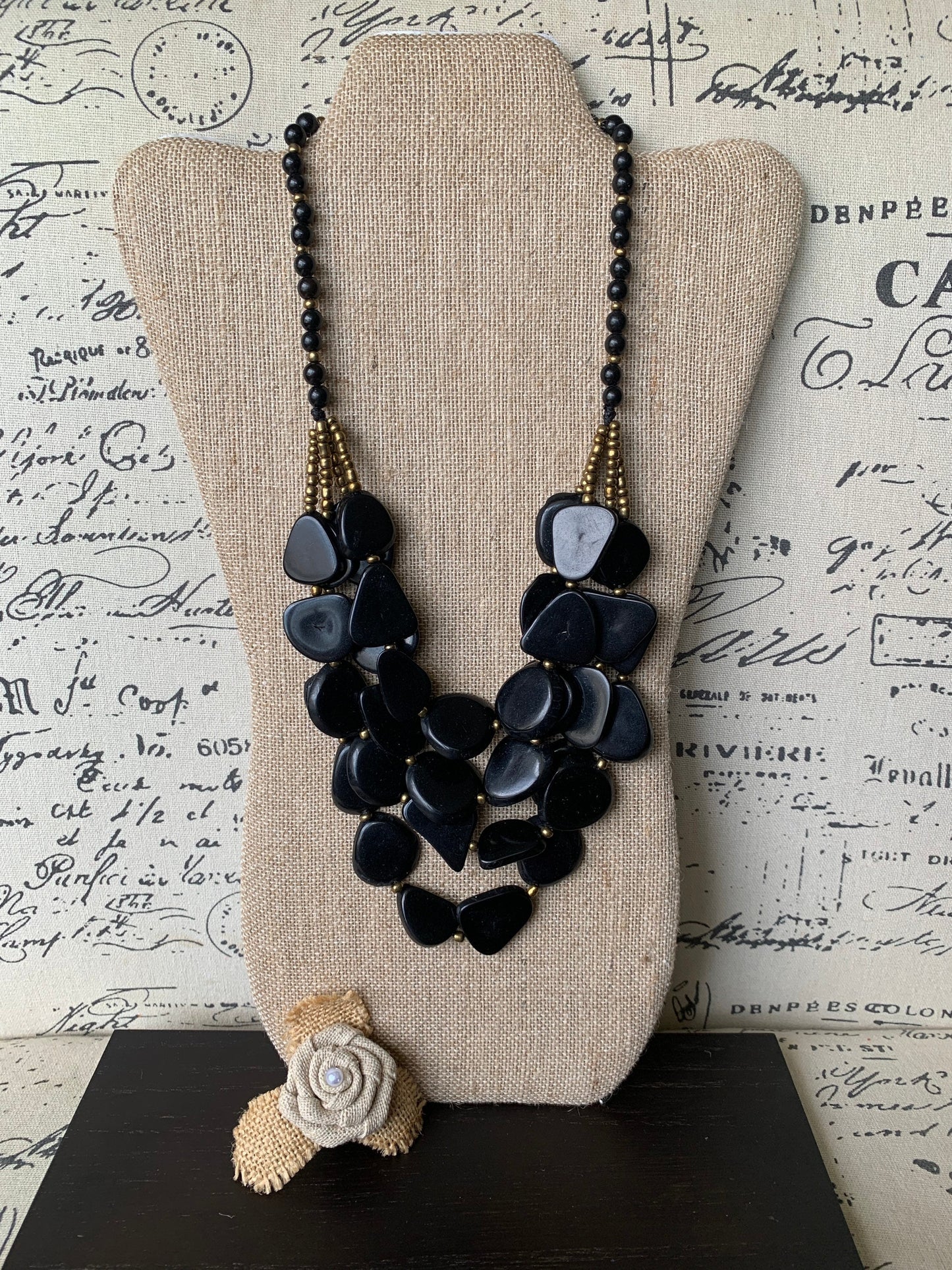 Black fashion 4 layer necklace Big bold chunky necklace Tagua statement necklace Multi layer beaded bib Fall fashion 2025 Wearable Art