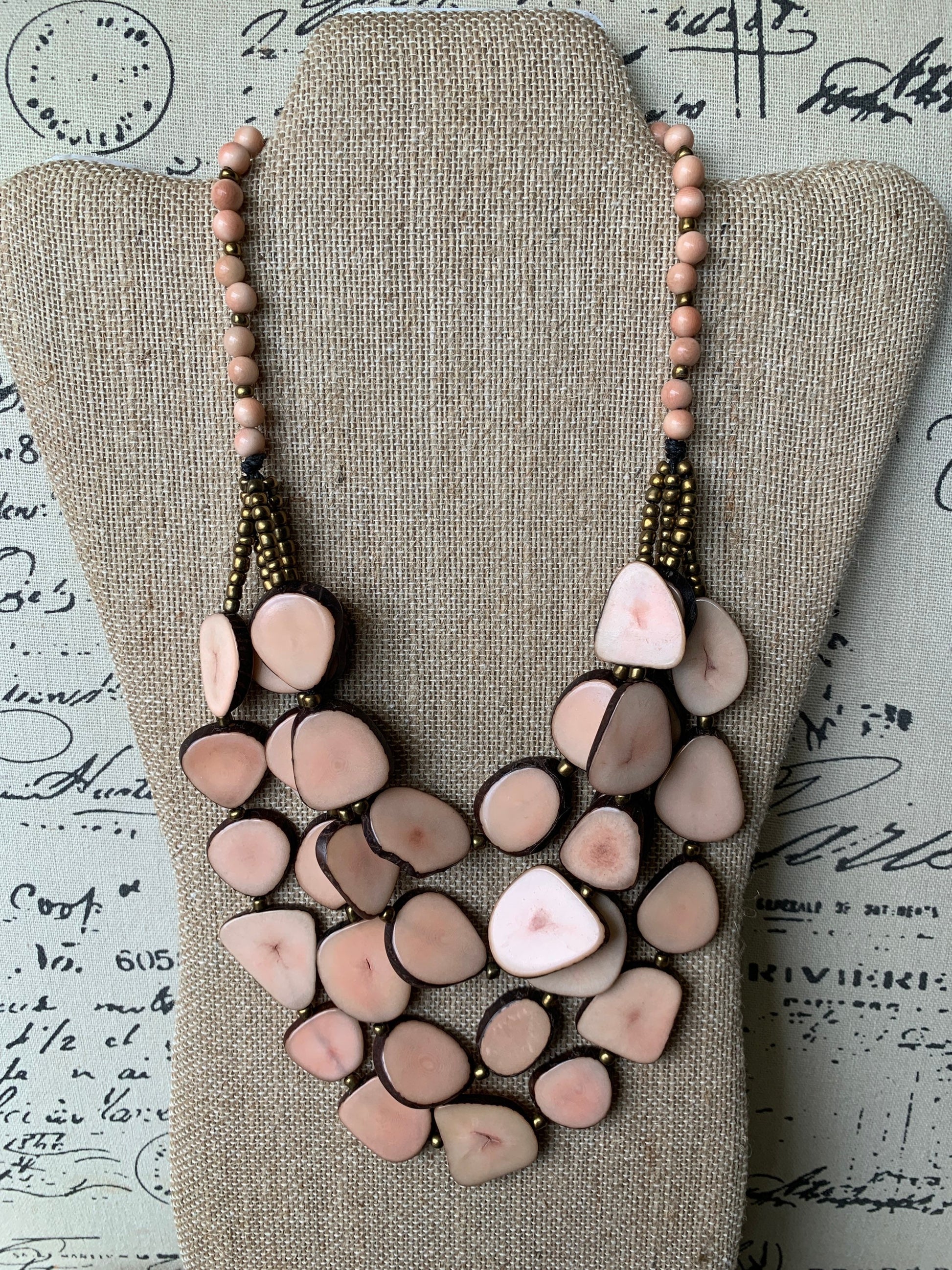 Pink statement necklace Tagua jewelry Mothers day gifts Unique jewelry for women Multi layer necklace Waterfall beaded necklace Art to wear