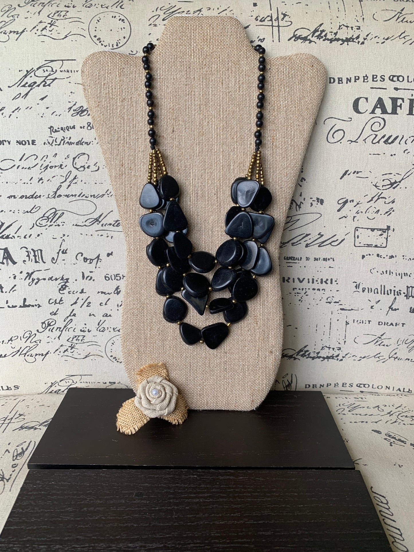 Black fashion 4 layer necklace Big bold chunky necklace Tagua statement necklace Multi layer beaded bib Fall fashion 2025 Wearable Art