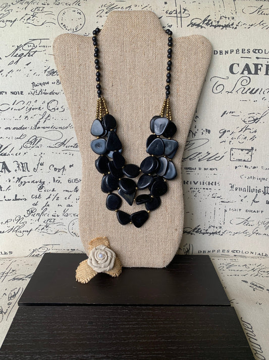 Black fashion 4 layer necklace Big bold chunky necklace Tagua statement necklace Multi layer beaded bib Fall fashion 2025 Wearable Art