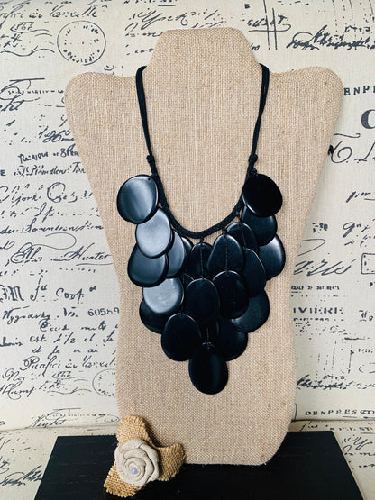 Black waterfall necklace Tagua jewelry Big bold necklaces Statement beaded necklace Wearable art Fall fashion inspiration Huge necklace